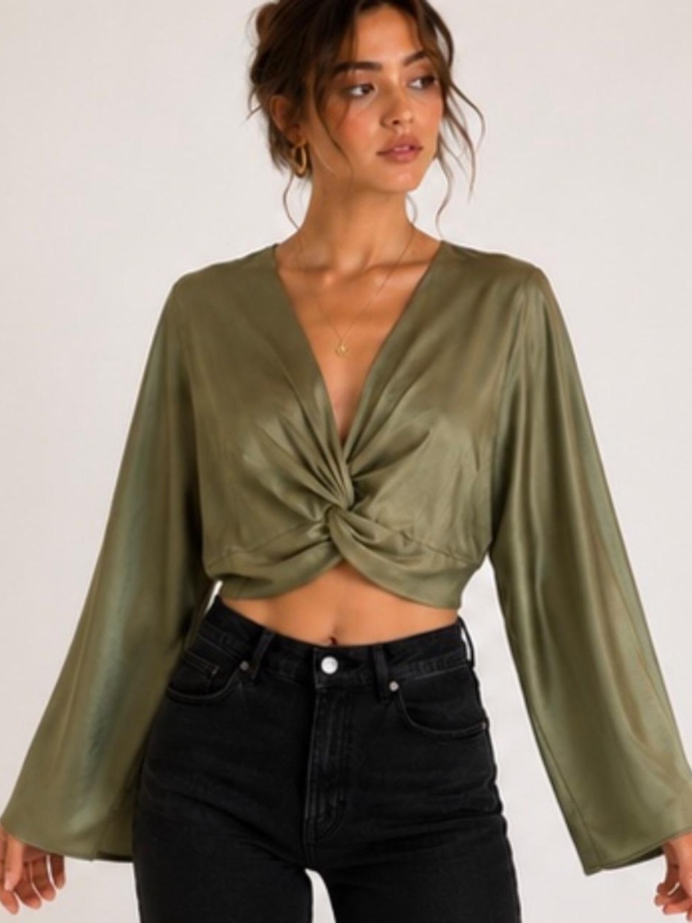 Zara Women’s Satin Twist Front Crop Top Size S Green Coquette Fairy Grunge Y2K